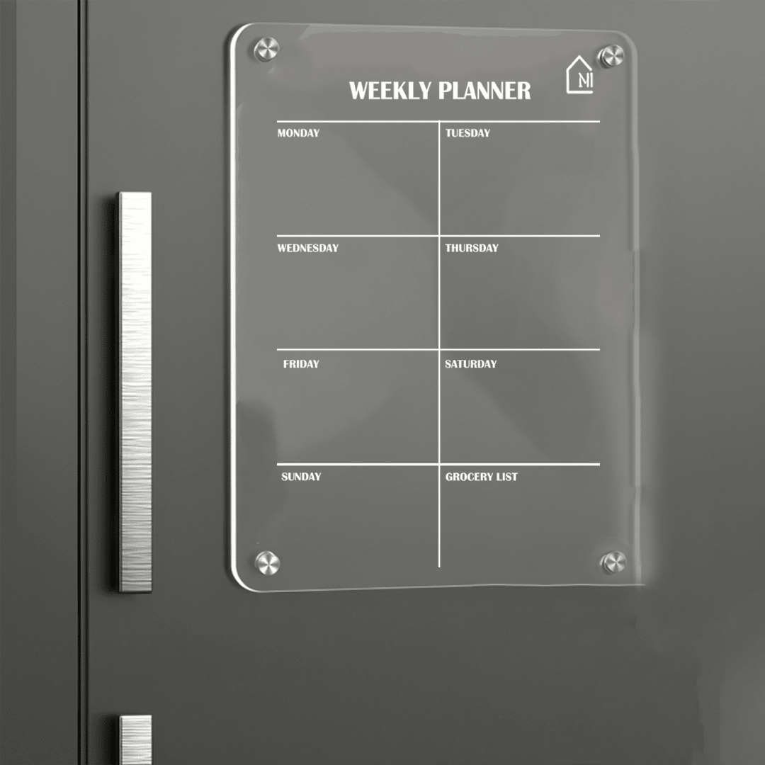 Acrylic Weekly Magnetic Planner Board – Fridge Organizer with Grocery List, Marker & Rag - Memories InsiteWEEKLY GROCERY FRIDGE PLANNER1